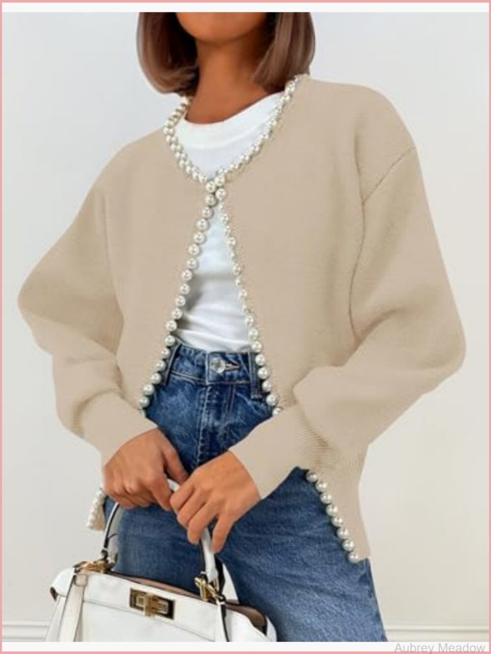 Open Front Cardigan Sweater Long Sleeve Pearl Trim Knit Coat - Picture 6 of 7
